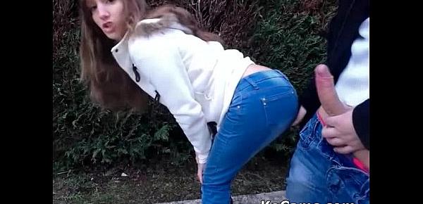  Teen brunette blowjob in garden